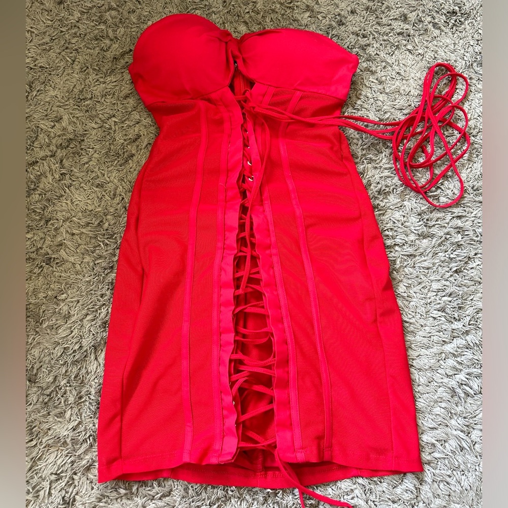 NWOT OhPolly Red Lace Up Corset Strapless Mini Dress